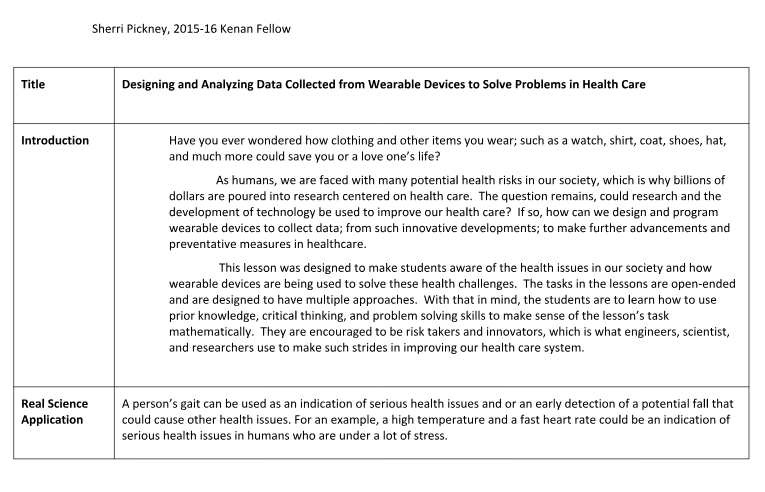 Designing and Analyzing Data Collected from Wearable Devices to Solve Problems in Health Care Lesson Plan