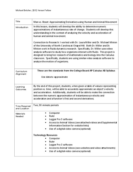Man vs. Beast: Approximating Derivatives using Human and Animal Movement Lesson Plan
