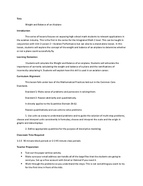 Weight and Balance of an Airplane Lesson Plan