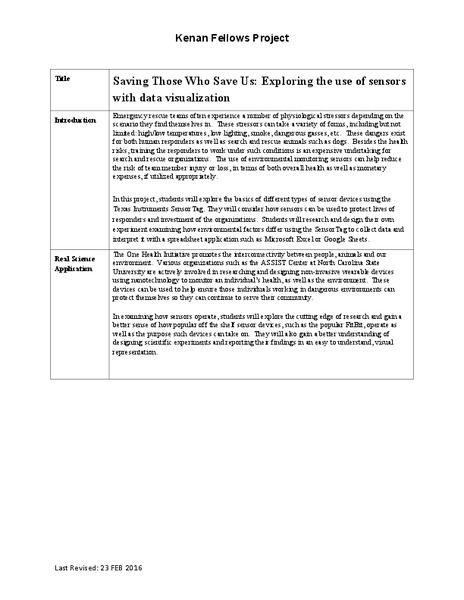 Saving Those Who Save Us: Exploring the Use of Sensors with Data Visualization Lesson Plan