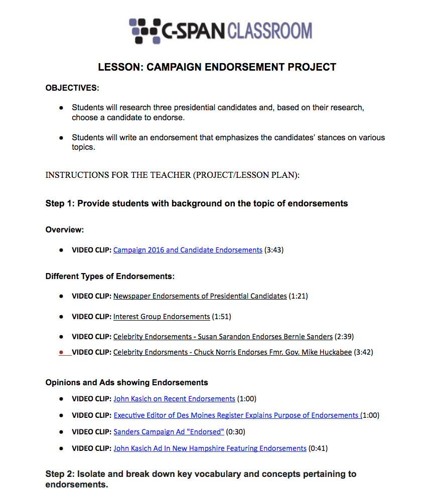 Campaign Endorsement Project Lesson Plan