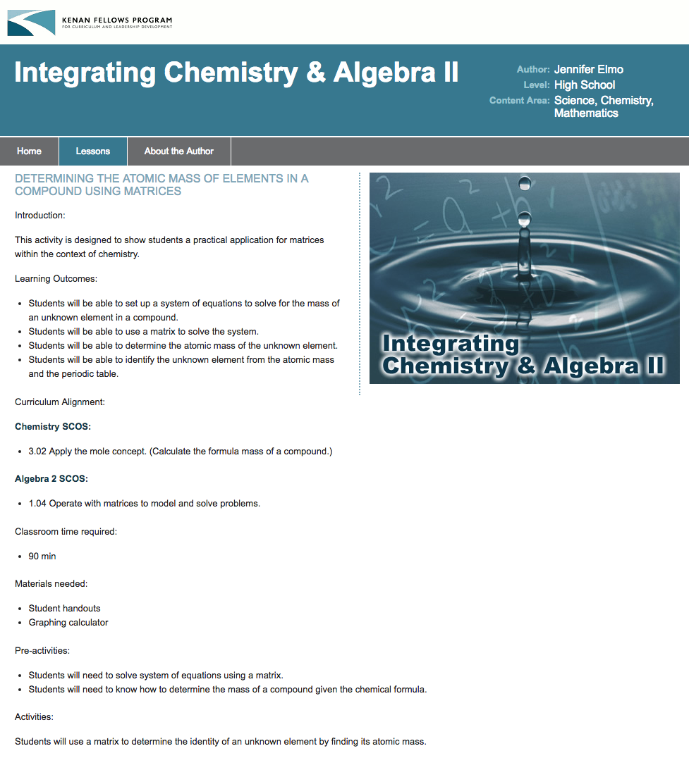 Determining the Atomic Mass of Elements in a Compound Using Matrices Lesson Plan