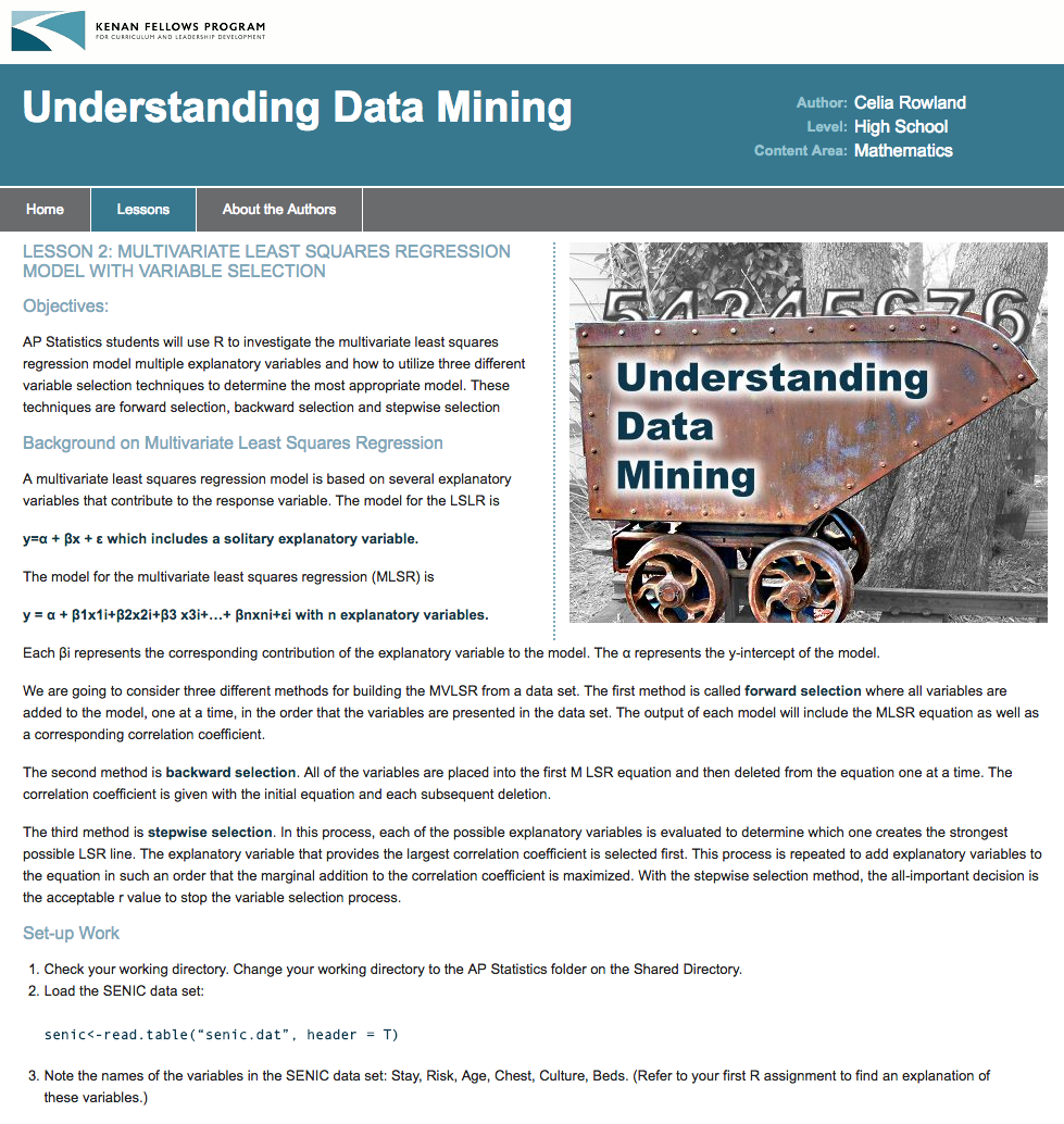 Multivariate Least Squares Regression Model with Variable Selection Lesson Plan