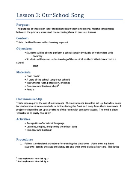 Our School Song Lesson Plan