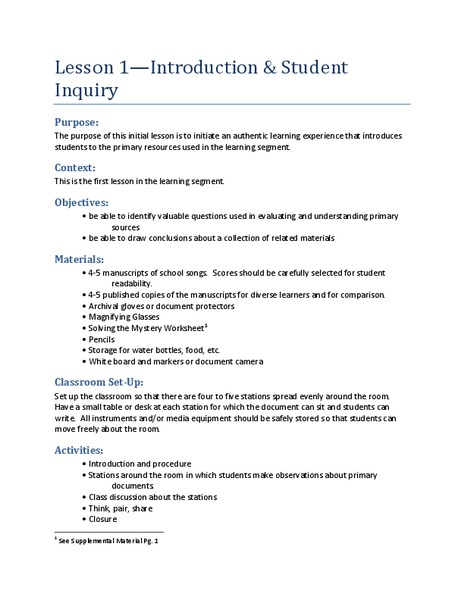 Introduction and Student Inquiry Lesson Plan