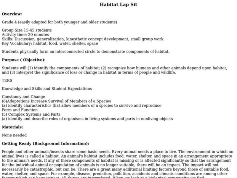 Habitat Lap Sit Lesson Plan