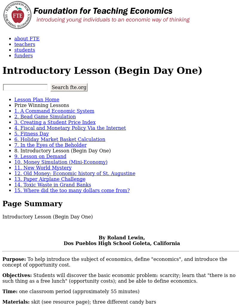 Introduction to Economics Lesson Plan