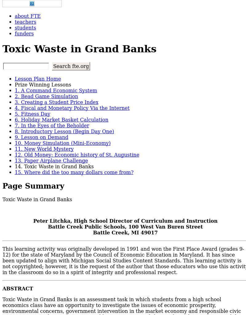 Toxic Waste in Grand Banks Lesson Plan