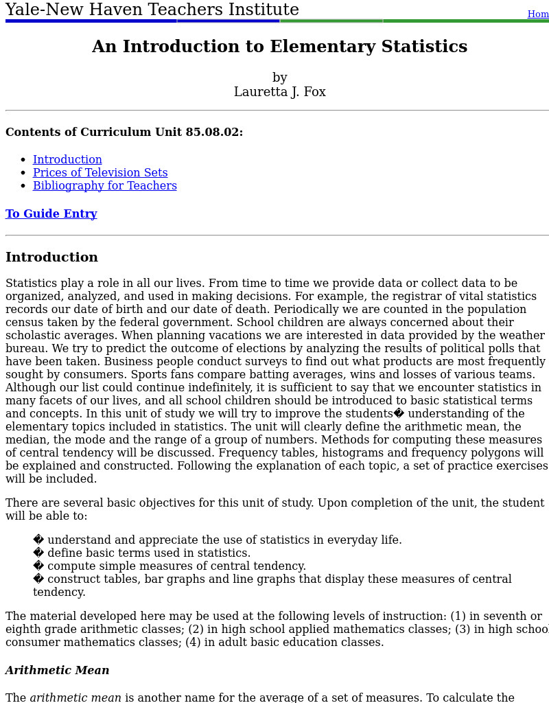 An Introduction to Elementary Statistics Lesson Plan