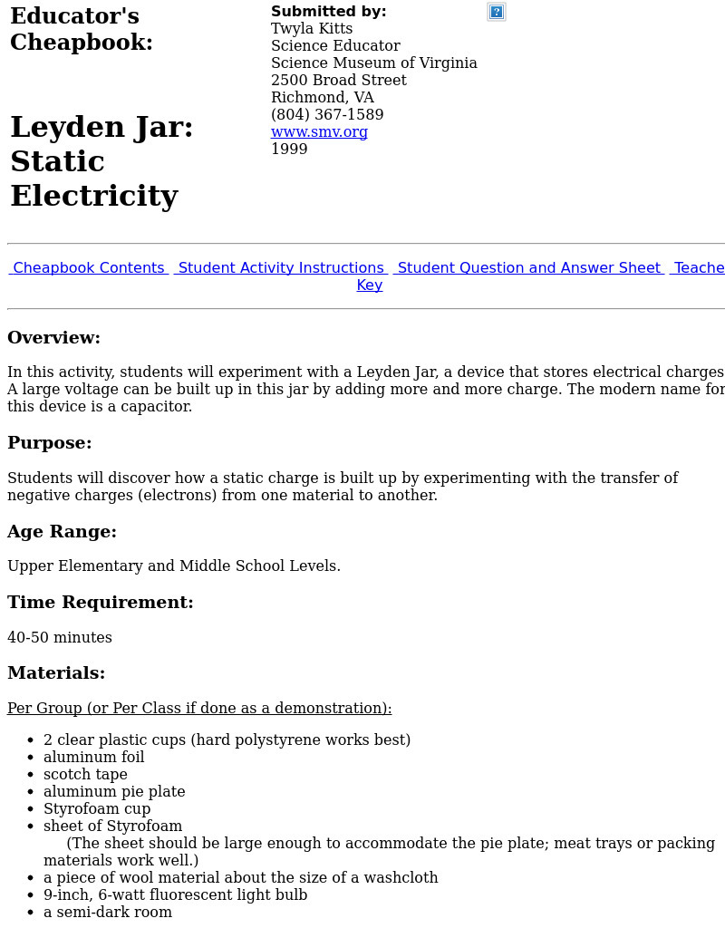 Leyden Jar: Static Electricity Lesson Plan