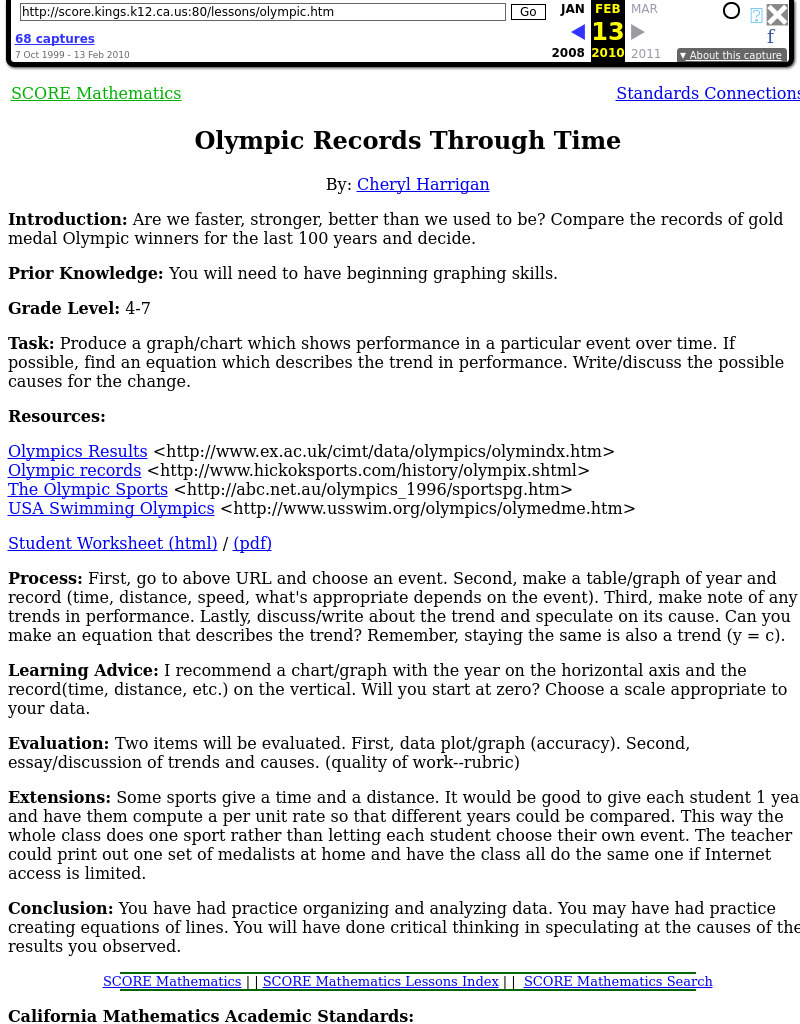 Olympic records through time Lesson Plan