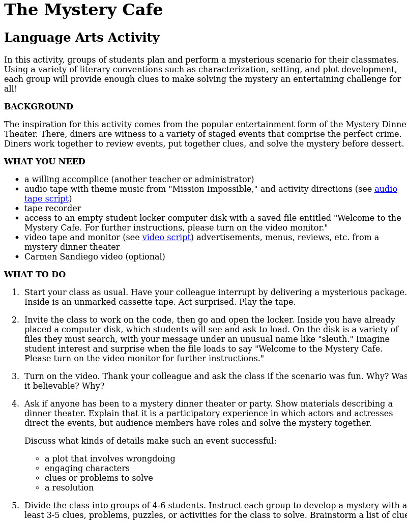 The Mystery Cafe Lesson Plan