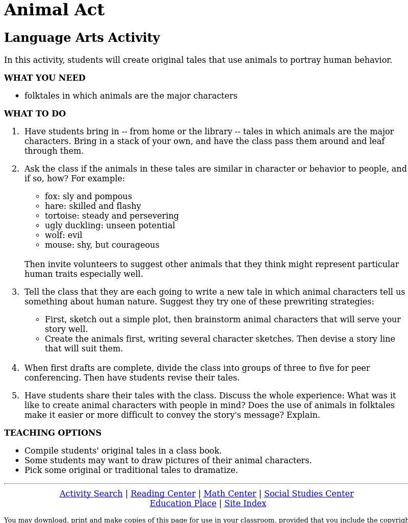 Animal Act Lesson Plan