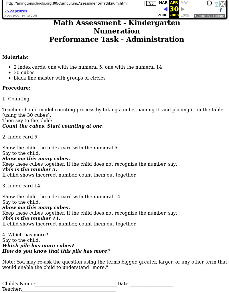 Math Assessment - Kindergarten Lesson Plan