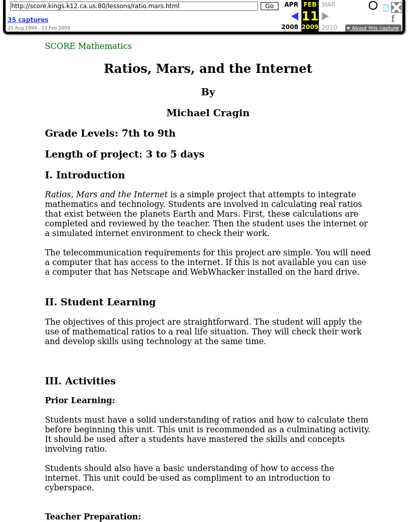 Ratios, Mars and the Internet Lesson Plan