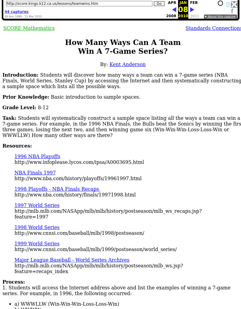 How Many Ways Can A Team Win A 7-Game Series? Lesson Plan