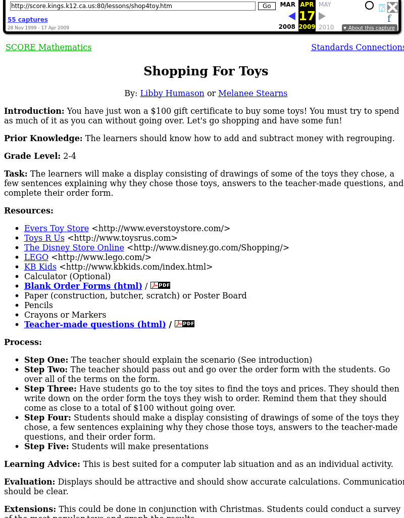 Shopping for Toys Lesson Plan