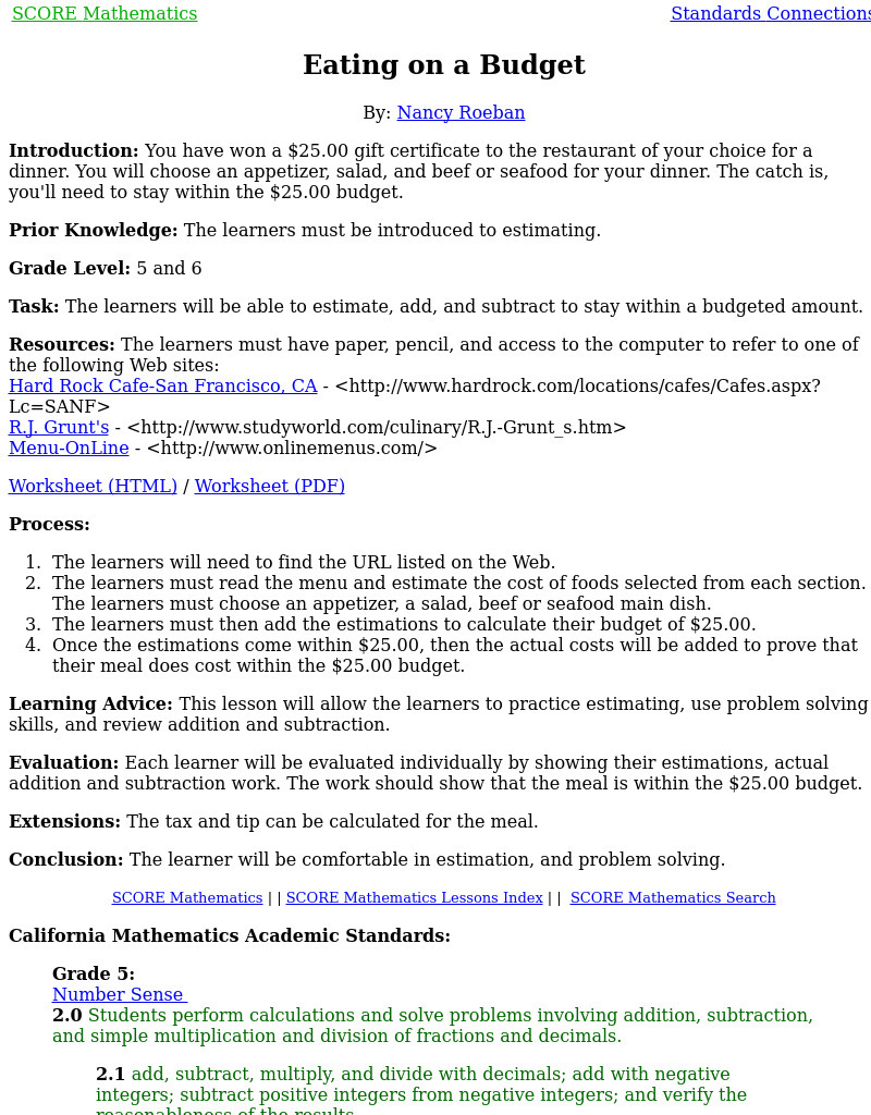 Eating on a Budget Lesson Plan