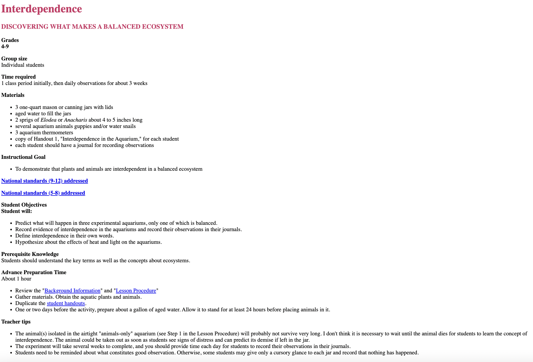 Interdependence: Discovering What Makes a Balanced Ecosystem Lesson Plan