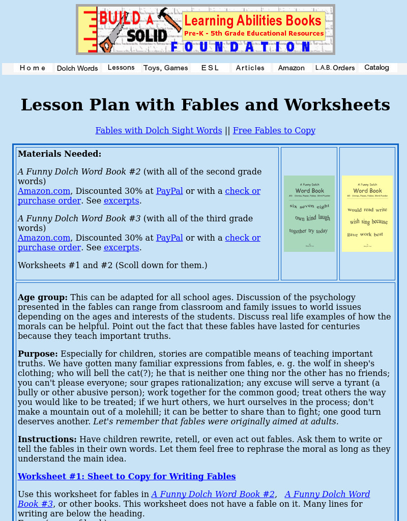Fables With Dolch Sight Words Lesson Plan