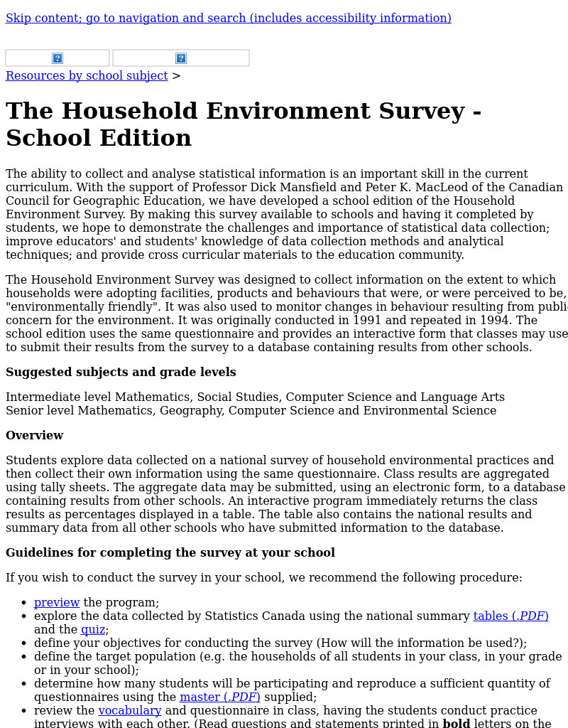 The Household Environment Survey Lesson Plan