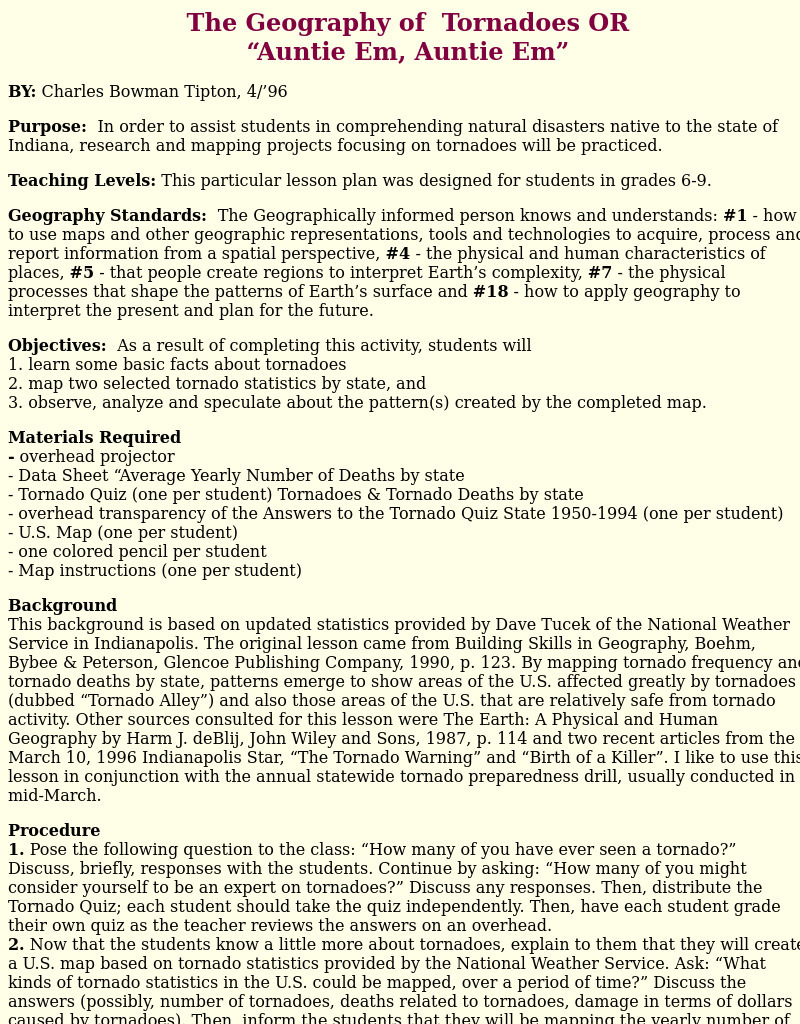 The Geography of  Tornadoes OR Lesson Plan