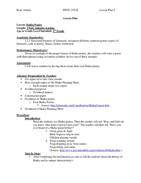 Haiku Poetry Lesson Plan
