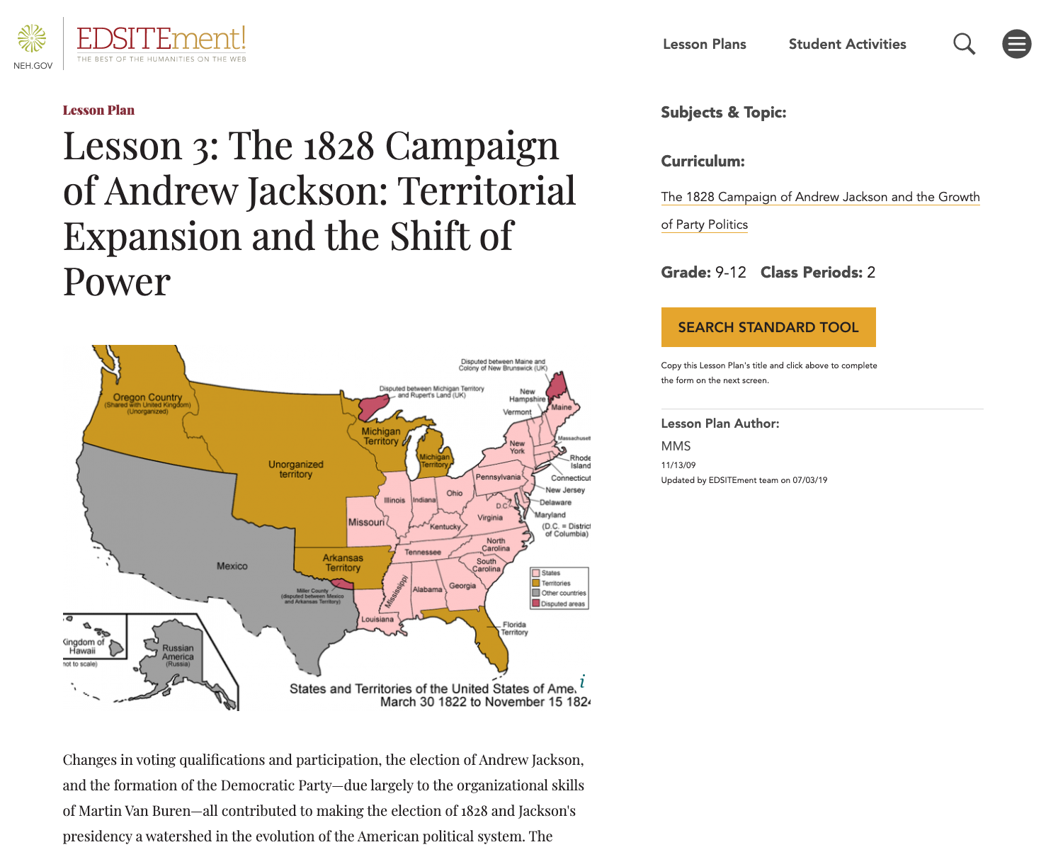 The 1828 Campaign of Andrew Jackson: Territorial Expansion and the Shift of Power Lesson Plan