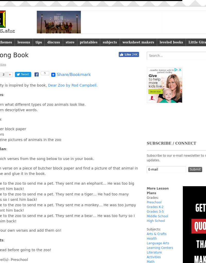 Zoo Song Book Lesson Plan