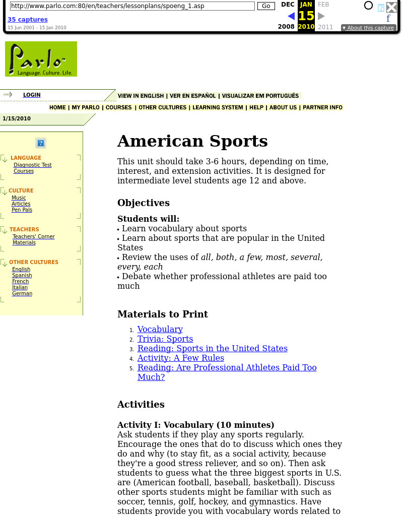 American Sports Lesson Plan