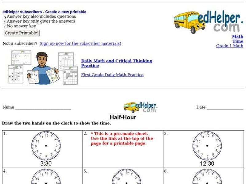 Half-Hour Worksheet