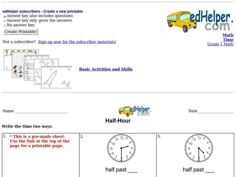 Half-Hour Worksheet