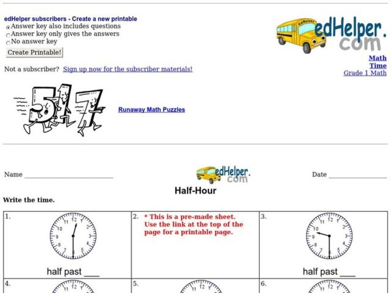 Half-Hour Worksheet