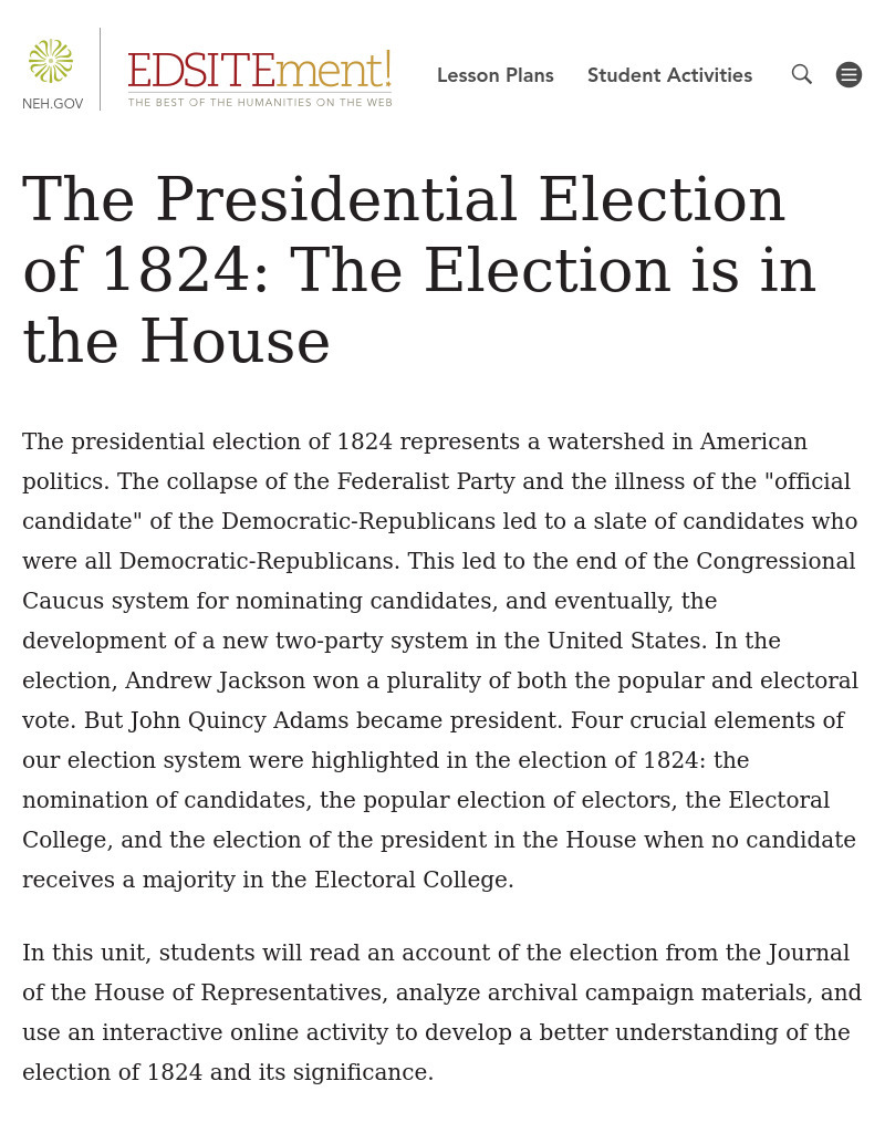 The Election Is in the House: The Presidential Election of 1824 Lesson Plan