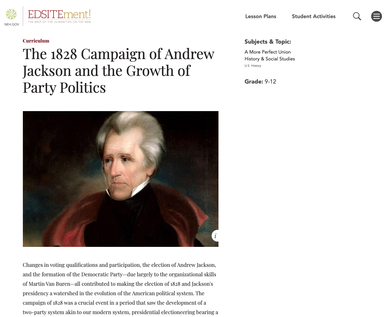 The 1828 Campaign of Andrew Jackson and the Growth of Party Politics Unit Plan
