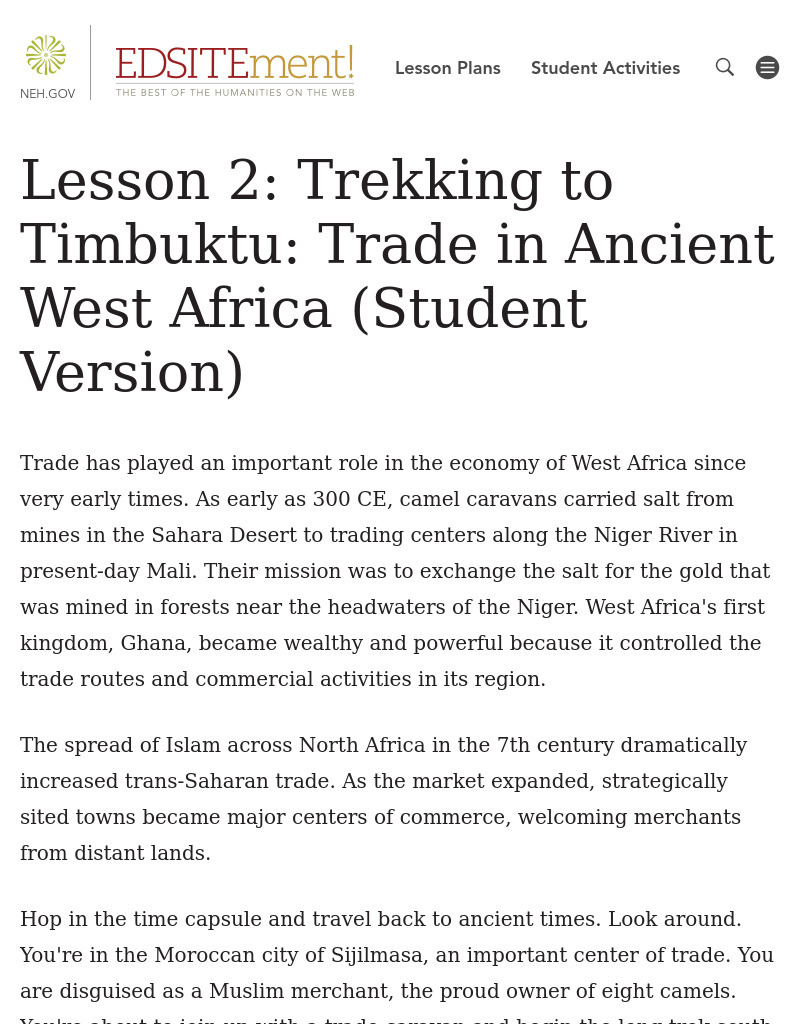 Trekking to Timbuktu: Trade in Ancient West Africa Lesson Plan