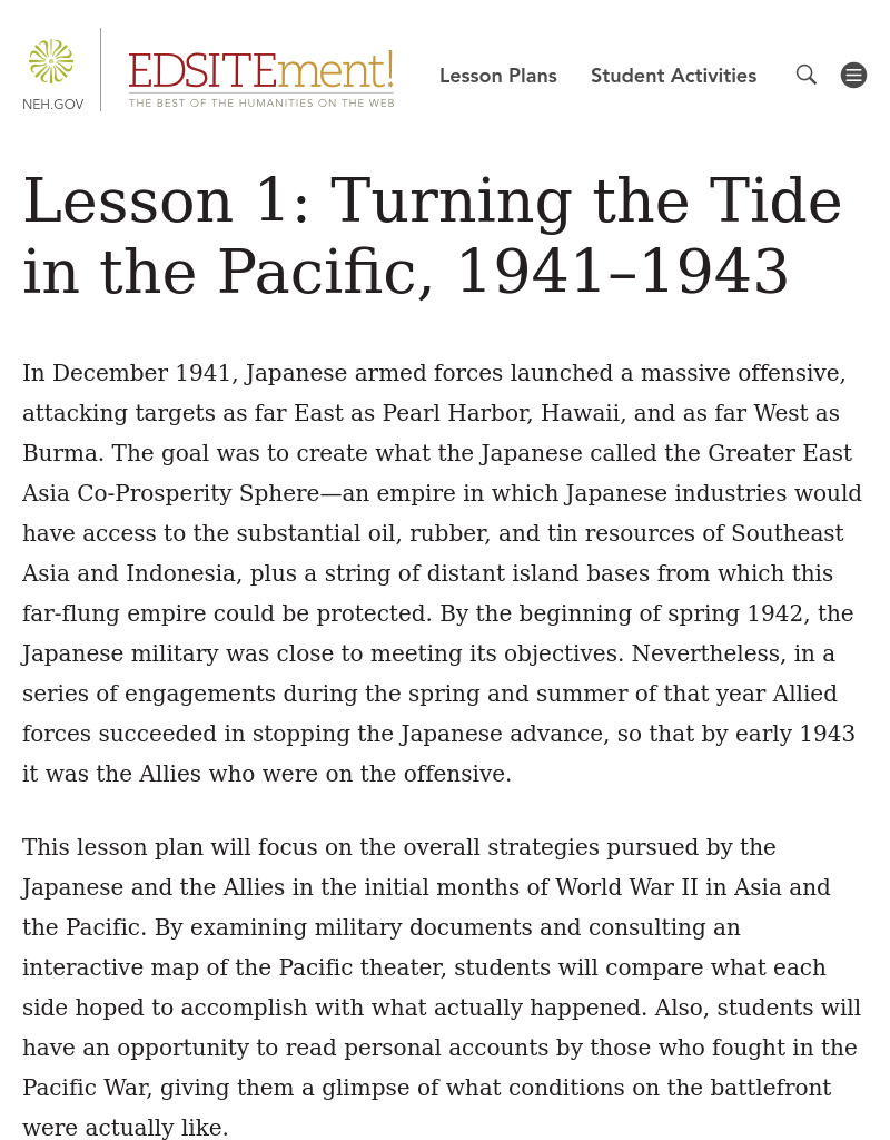 Turning the Tide in the Pacific, 1941-1943 Lesson Plan