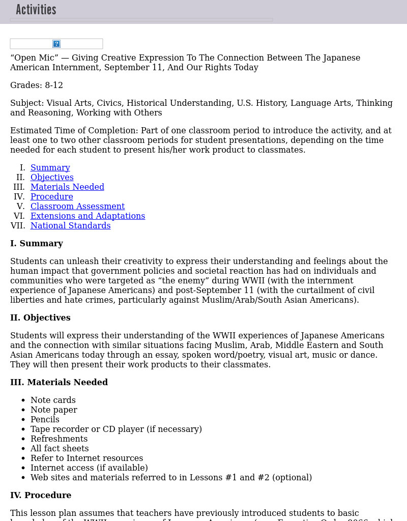 "Open Mic" - Giving Creative Expression To The Connection Between The Japanese American Internment, September 11, And Our Rights Today Lesson Plan