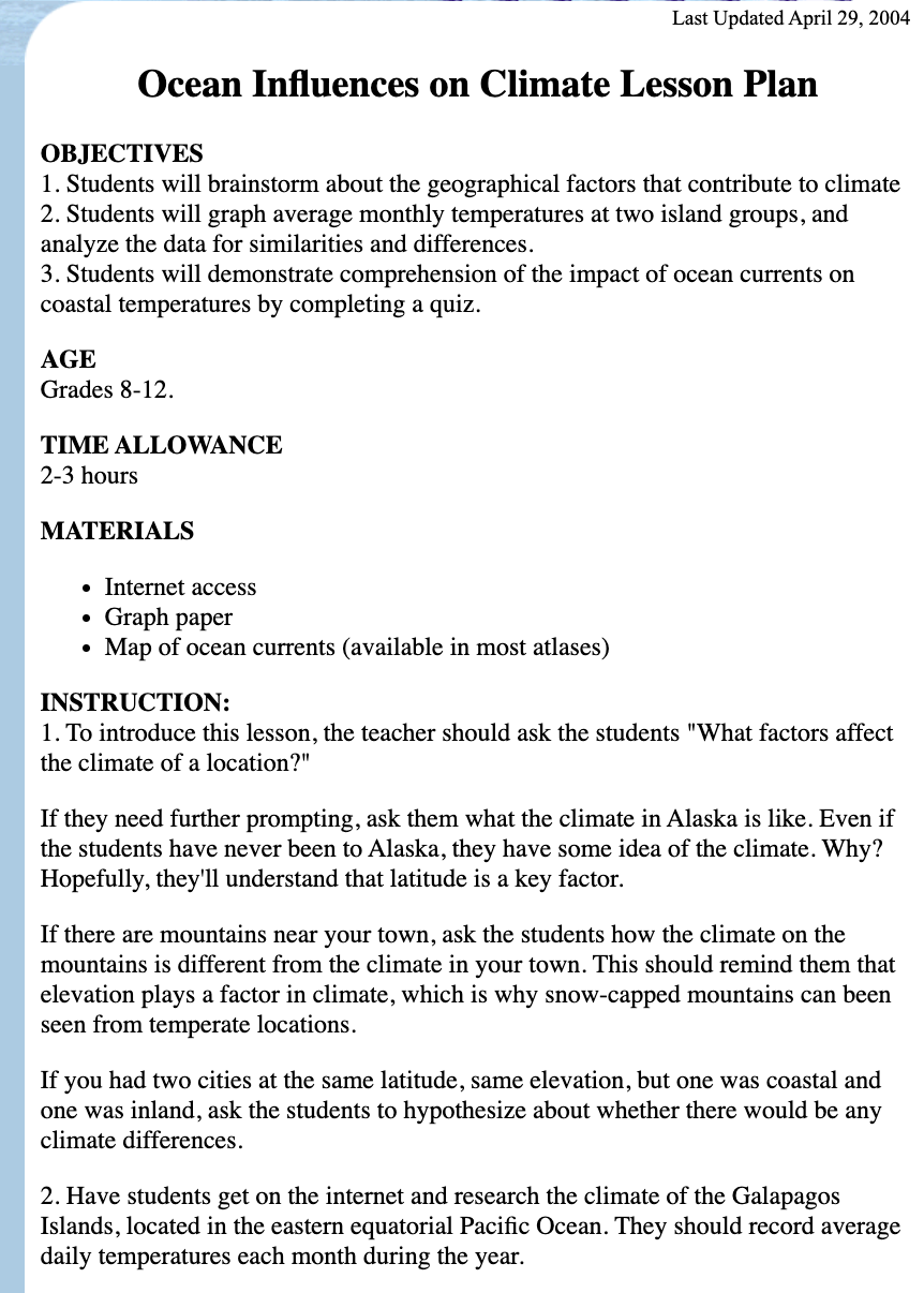 Ocean Influences on Climate Lesson Plan Lesson Plan