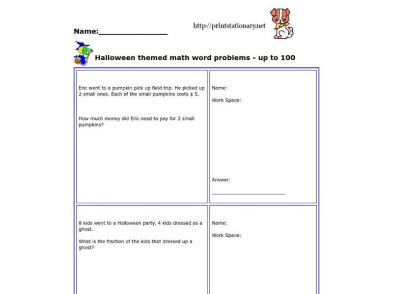 Halloween Themed Math Word Problems--Up to 100 Worksheet