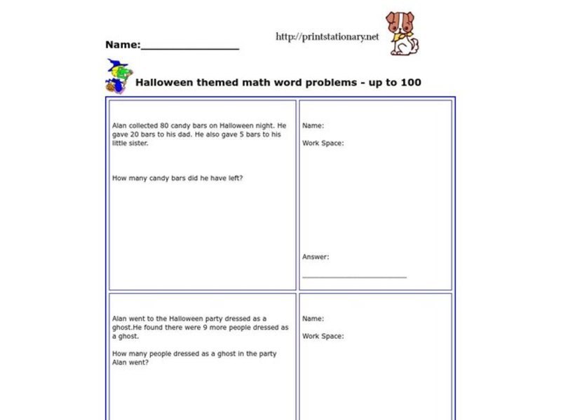 Halloween Themed Math Word Problems--Up to 100 Worksheet