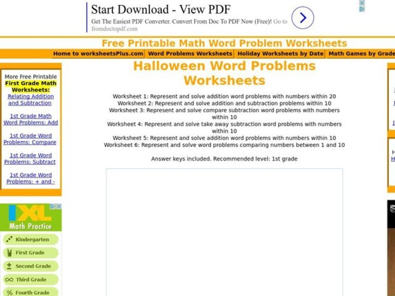 Halloween Word Problems Worksheet