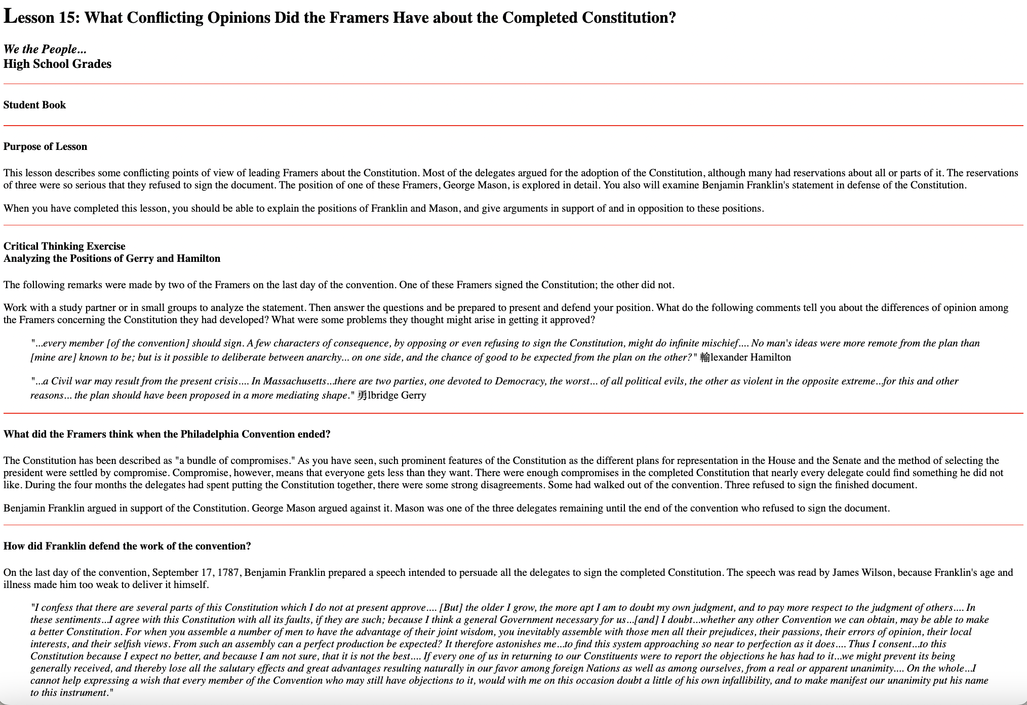 Conflicting Ideas about the Completed Constitution Lesson Plan