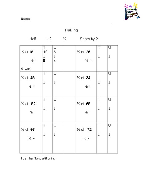 Halving Worksheet