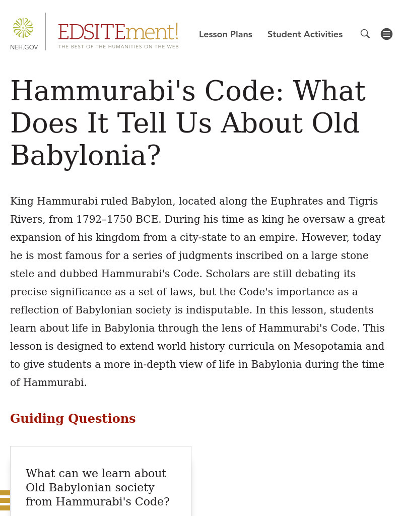 Hammurabi's Code: What Does It Tell Us About Old Babylonia? Lesson Plan