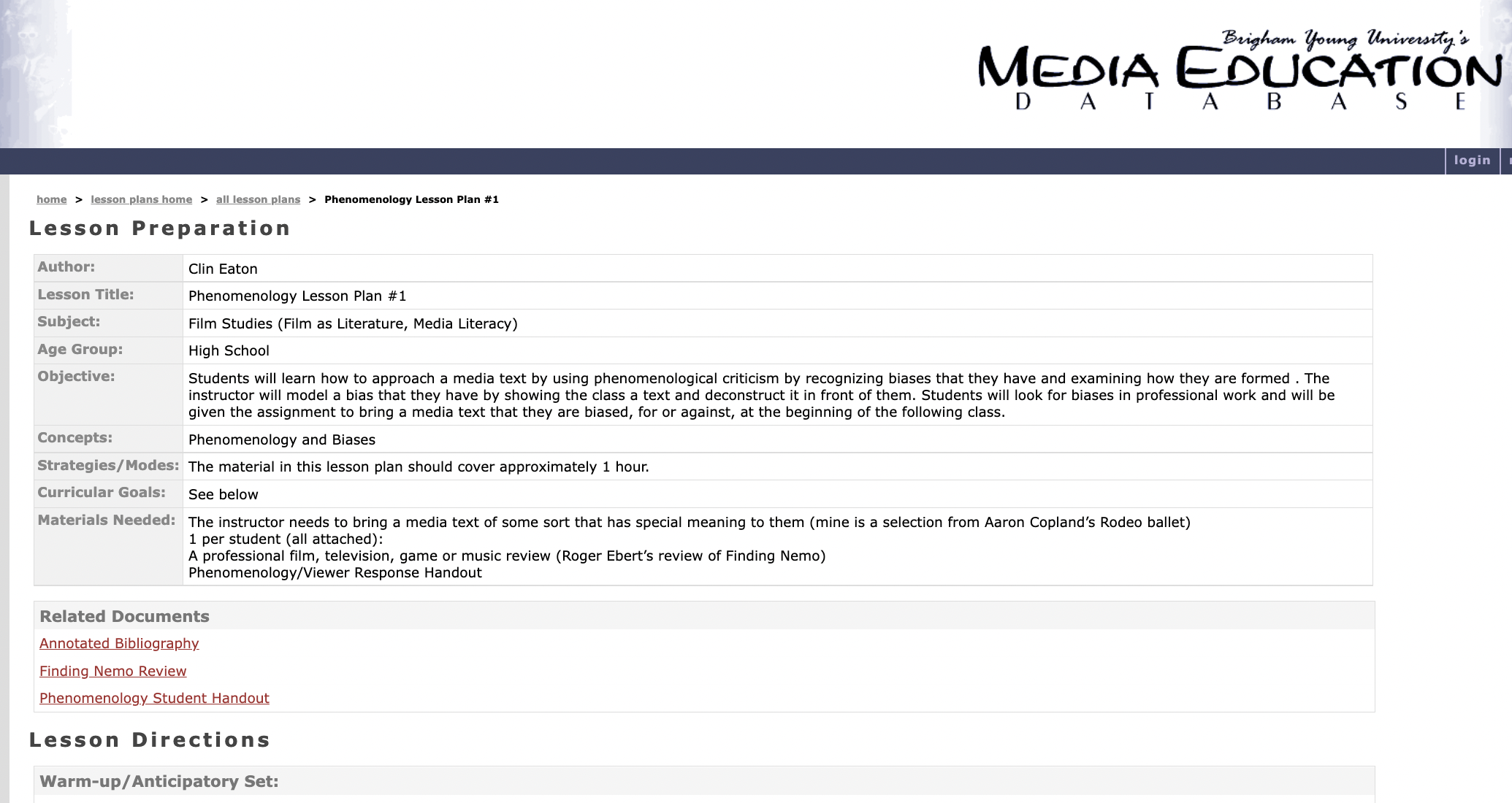 Phenomenology Lesson Plan #1 Lesson Plan