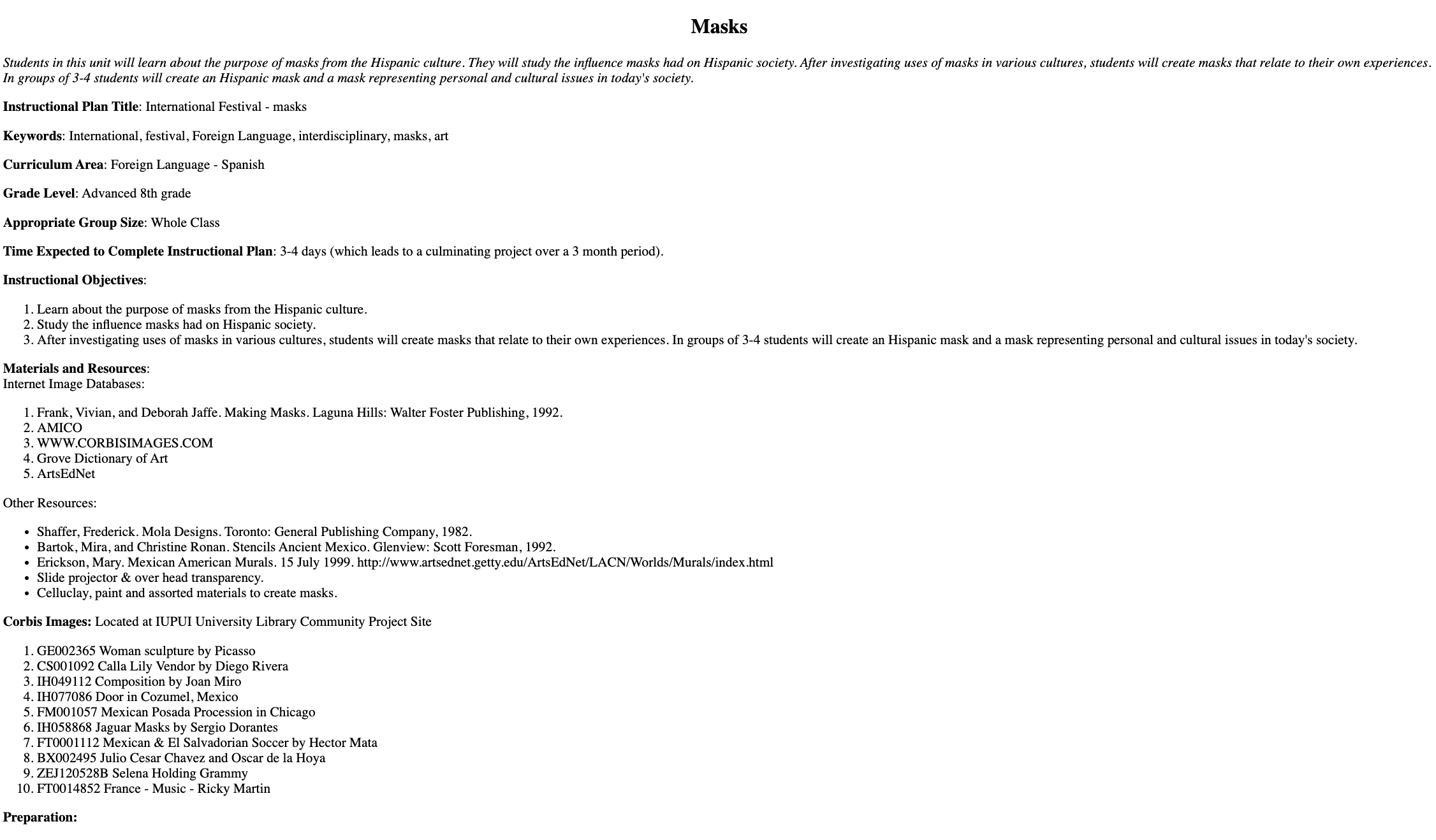 International Festival - Masks Lesson Plan