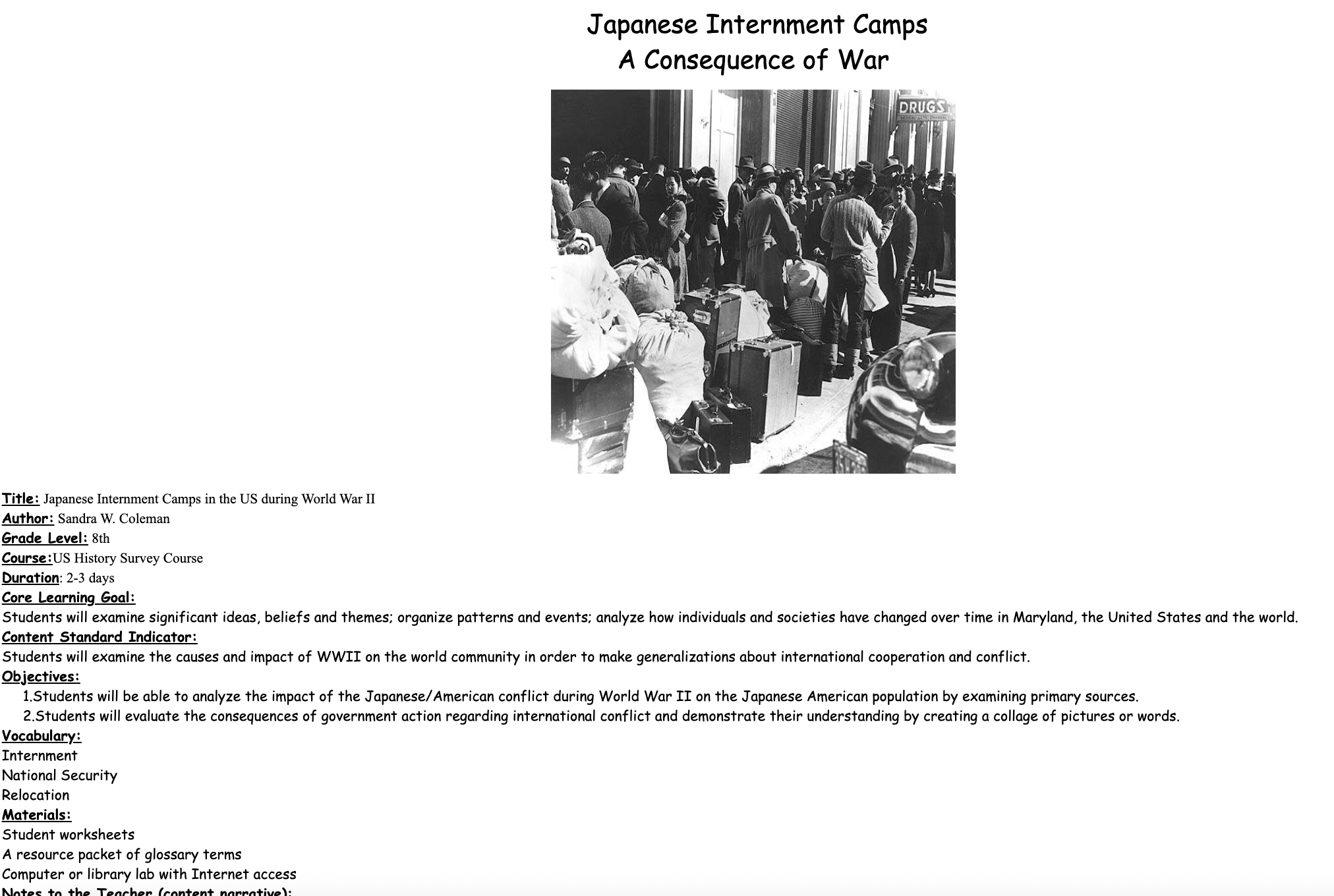 Japanese Internment Camps in the US During World War II Lesson Plan