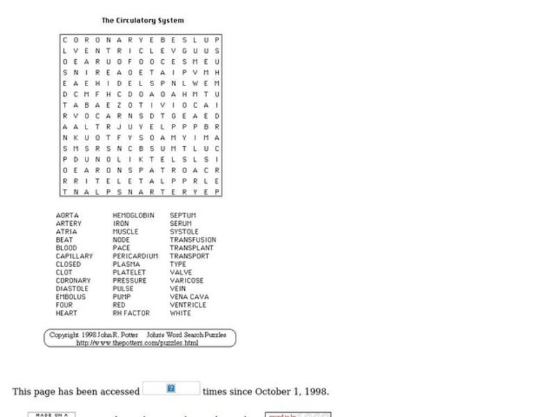The Circularory System Wordsearch Puzzle Worksheet