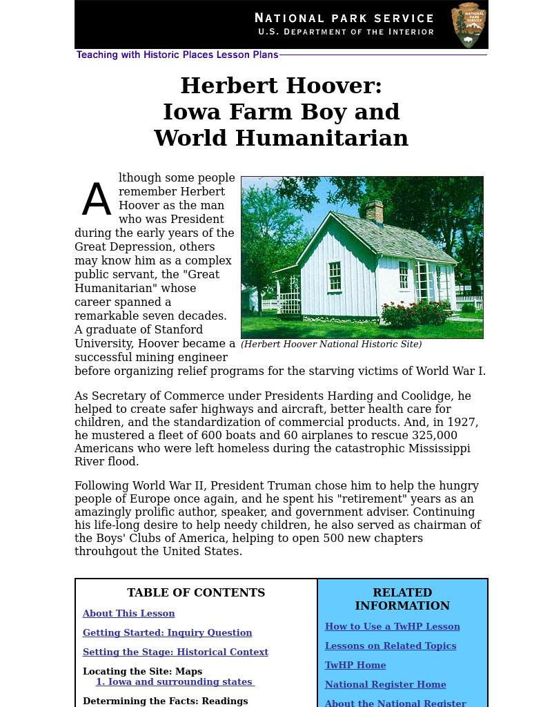 Herbert Hoover: Iowa Farm Boy an World Humanitarian Lesson Plan